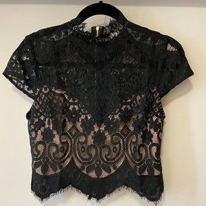 High Neck Lace Short Sleeve Blouse